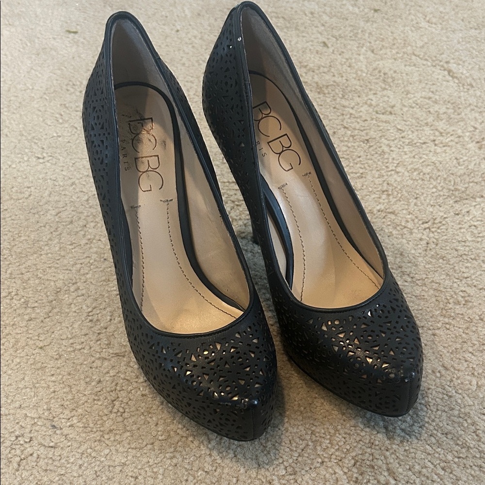 BCBG Black Laser-Cut Pointed Toe Pumps